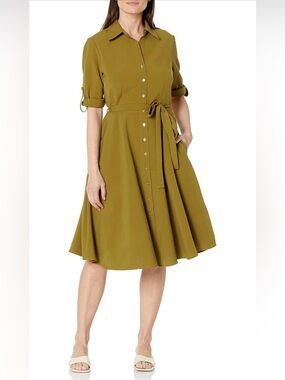 NEW! Sharagano New York Button Front Belted Shirt Dress – Spanish Olive Green